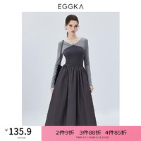 EGGKA 撞色拼接连衣长裙女2024春秋法式简约时尚长袖高腰a字裙 灰色 S