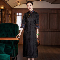 玺玥中国风高端经典真丝花罗原创拼接长款旗袍优雅气质连衣裙 黑色 S