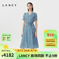 朗姿/LANCY2024夏季法式气质真丝印花连衣裙女短袖V领A字裙 雾霾蓝色 L