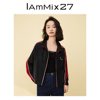 Iammix27时尚翻领薄外套女个性不对称撞色拼接抽绳减龄运动上衣女 黑色 S