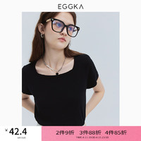 EGGKA 方领短袖针织衫春秋简约百搭时尚流行休闲套头打底上衣 黑色 均码