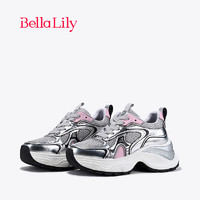 Bella Lily2024春季网面银色老爹鞋女增高松糕鞋潮流运动鞋子 灰银 35