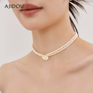 AJIDOU阿吉豆山茶花系列复古风优雅双层珍珠项链 米白色 长32cm延长链3.8cm花卉直径1.7