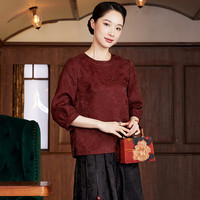 玺玥中国风花罗香云纱原创日常休闲百搭短中式上衣春夏女T恤 赭红色 S