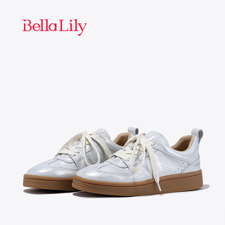 Bella Lily2024春季休闲做旧德训鞋女潮流百搭板鞋舒适脏脏鞋 银色 38