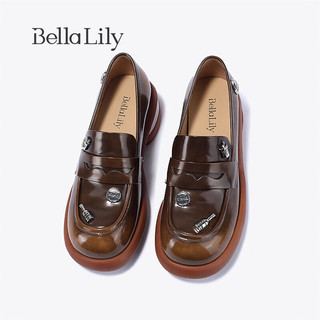Bella Lily2024春季欧美潮流乐福鞋女气质增高单鞋休闲小皮鞋 棕色 38