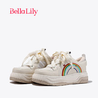 Bella Lily2024春季彩虹刺绣休闲鞋女增高牛皮松糕鞋舒适板鞋 米白 35