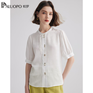 帕罗（PALUOPO）新中式女士短袖t恤24春夏纯色圆领真丝上衣100%桑蚕丝半小众 白色 L(165/88A)