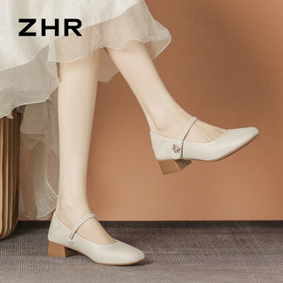 ZHR法式晚风单鞋通勤女鞋浅口夏季不累脚软底气质配裙鞋子玛丽珍 米色 35