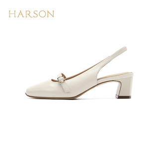 哈森【】2024夏季方头纯色粗跟后空玛丽珍女凉鞋HM247001 米白色 39