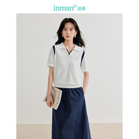 茵曼（INMAN）时尚拼接撞色polo衫2024夏季女装短袖针织衫 白色 S
