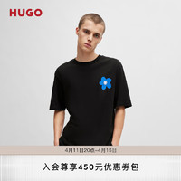 HUGO男士2024夏季徽标艺术图案装饰棉质平纹针织 T 恤 001-黑色 EU:M