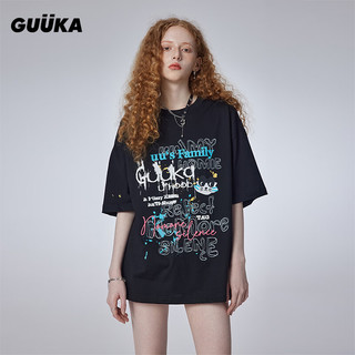 古由卡（GUUKA）潮牌猫系列可爱短袖T恤男夏 休闲简约纯棉上衣宽松百搭 黑色F4633 L