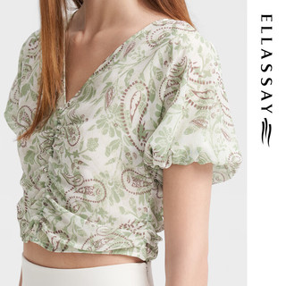 歌力思（ELLASSAY）2024夏季抽褶高腰显瘦印花雪纺上衣短衬衫女EWB352C00700 绿混搭 S