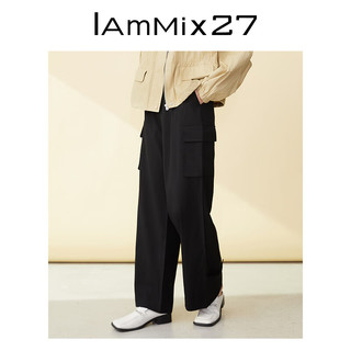 Iammix27黑色高腰直筒裤女羊毛混纺呢料长裤通勤百搭简约休闲裤女 黑色 M