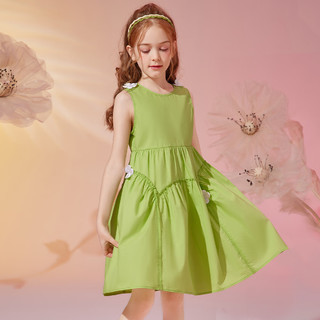 森林与孩子 女童裙子2024夏儿童纯色花朵连衣裙无袖小清新公主裙 绿色 130