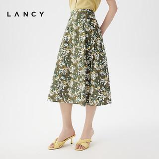 朗姿/LANCY2024夏季纯棉印花半身裙女士中长款气质优雅A字裙 棕绿色 XL