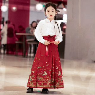 安妮优儿（Anneyol）马面裙女童套装春季儿童汉服裙子2024古风服装女孩中国风古装 红色织锦套装 140