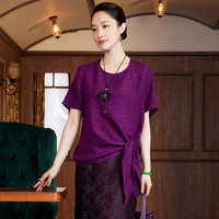 玺玥中国风真丝桑蚕丝时尚改良中式原创上衣2024夏国潮女T恤 紫色 S
