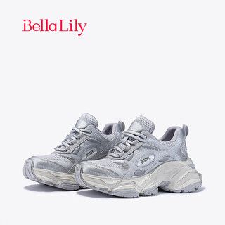 Bella Lily2024春季增高银色脏脏鞋女透气老爹鞋网面运动鞋子 银色 35