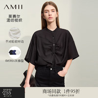 AMII2024夏通勤小立领不对称荷叶边白衬衫女衬衣落肩宽松12422008 黑色 155/80A/S