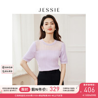 JESSIE拼接花边圆领性感微透短袖套头针织衫2024夏 紫色 S