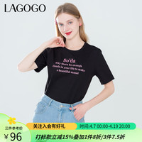 lagogo拉谷谷多色纯棉休闲字母T恤女2024年夏季圆领正肩短袖 黑色(W1) M