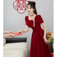 茗瑾萱酒红色小个子结婚敬酒服新娘夏季订婚裙法式高端晚礼服平时可穿女 酒红色中长款 L