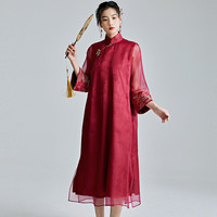 陌遇2024年夏季中国风原创改良真丝刺绣红色旗袍新中式连衣裙 红色 S