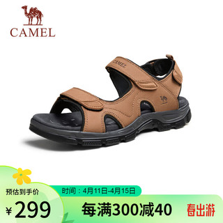 骆驼（CAMEL）厚底缓震休闲透气牛皮男士凉鞋 G14M307638 驼色 38 