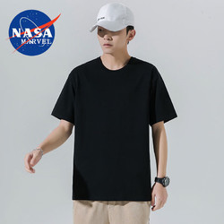 NASA MARVEL 男士潮流T恤纯色时尚短裤男女同款 黑色T恤 2XL