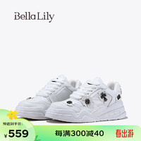 Bella Lily2024春季黑白拼色板鞋女街头厚底运动鞋舒适休闲鞋 白色 35