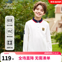 英氏（YEEHOO）男童T恤儿童polo衫春季百搭学院风长袖上衣中大童装洋气春装 彩旗徽章白色 160