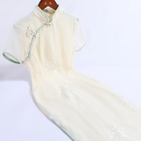 戚薇改良米色旗袍2024年春季中国风年轻款少女雪纺复古连衣裙 米色 S