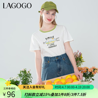 lagogo拉谷谷可爱印花短袖T恤女2024年夏季正肩显瘦小白T 本白色(V1) M