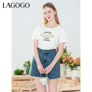lagogo拉谷谷可爱印花短袖T恤女2024年夏季正肩显瘦小白T 本白色(V1) M
