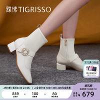 tigrisso 蹀愫 水钻方头法式粗跟羊皮时装靴短踝靴子女TA32713-11