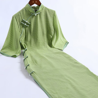 戚薇新中式旗袍夏季2024绿色气质长款复古少女改良年轻款日常   绿色 S