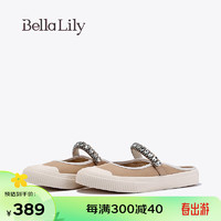 Bella Lily2024春季水钻半包拖鞋女外穿玛丽珍鞋欧式帆布鞋子 杏色 36