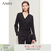 AMII2024春高级通勤风气质V领解构交叉扭结雪纺衫女长袖12441342 黑色 155/80A/S