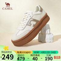 骆驼（CAMEL）德训鞋女反绒拼色系带平跟休闲板鞋 L24S245625 米/金 38 