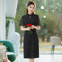 秀觀唐莫夜2024夏季滴水洞小碎花女改良日常旗袍新中式连衣裙 黑色 S