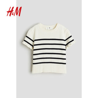 H&M2024春季童装女童罗纹针织上衣1224475 奶油色/黑色条纹 140/68