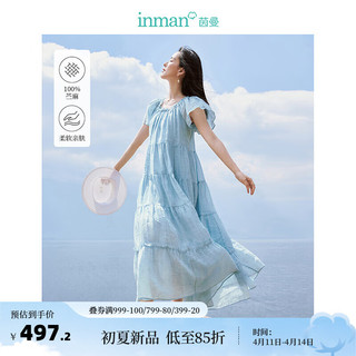 INMAN 茵曼 100%苎麻浪漫度假连衣裙2024夏季女装小飞袖遮肉炒色长裙 中古蓝 S