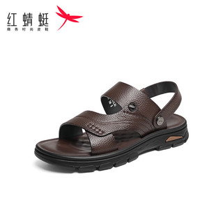 红蜻蜓凉鞋男2024夏季爸爸鞋舒适凉拖鞋中老年人沙滩鞋 WTT24017棕色39