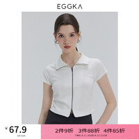 EGGKA 双头拉翻领T恤女春夏2024修身显瘦bm风短款设计感上衣 米白 均码
