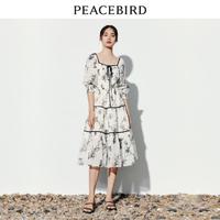 PEACEBIRD 太平鸟 夏季法式撞色系带连衣裙长袖印花蛋糕裙女