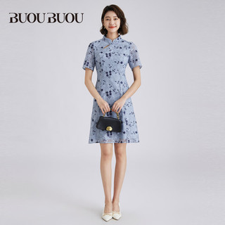 BUOUBUOU连衣裙女2024春夏国风复古新中式蕾丝刺绣A字版型 蓝色L56 S