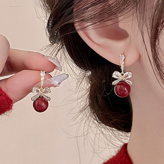 KOSE 高丝 925银针酒红色蝴蝶结珍珠耳环气质时尚感耳钉小众设计感可爱
