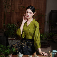 陌遇丨森清丨中国风夏季人丝提花汉元素上襦新中式汉服上衣 秋香绿 XL